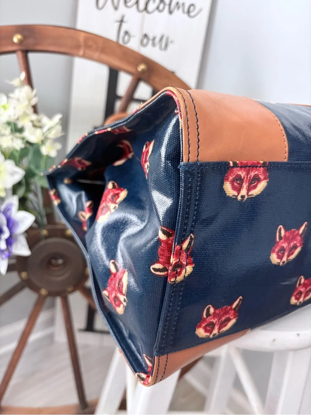 TORY BURCH “Retired” Vintage Navy Large Tote with Brown Trim and Fox Motif Print
